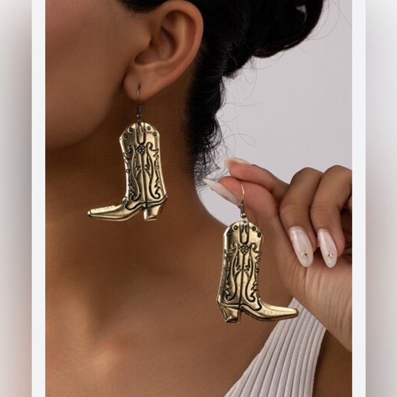 Gold Cowboy Boot Drop Earrings - Picture 1 of 7